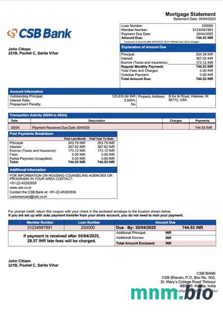 Indie Bank CSB wyciąg z kredytu hipotecznego szablon Word i PDF